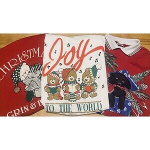 Vtg Ugly Christmas Sweatshirt Sweater Puppy Dog Bear Joy Present USA 90's Lot
